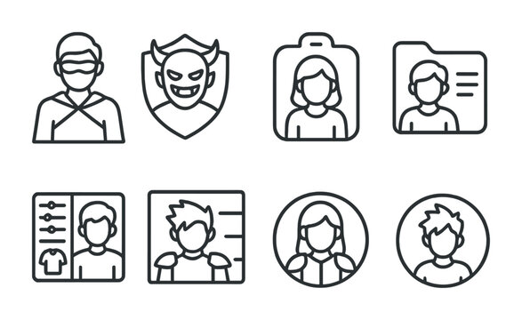 Fototapeta Line style icons of gaming characters: hero icon, villain badge, character avatar tag, player profile file, character customization board, in-game persona chart, character selection bubble, playable