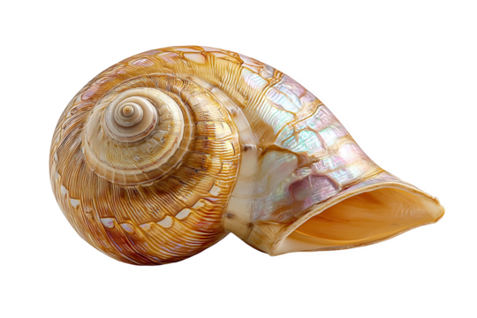 Stunning iridescent seashell spiral detailed texture ocean nature on transparent background art gold