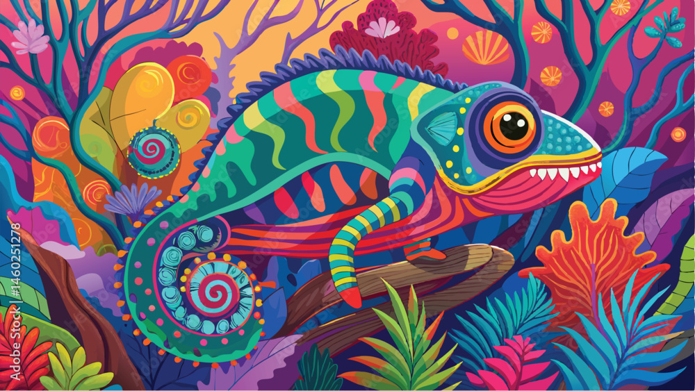 Poster colorful chameleon resting on a branch surrounded by vibrant tropical foliage in a whimsical vector 
