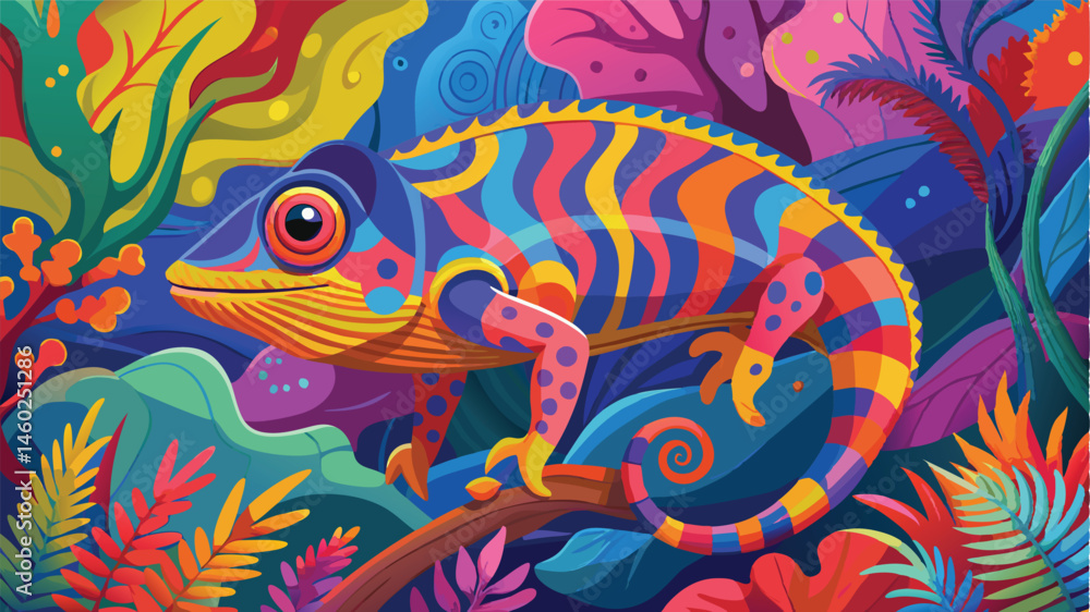 Poster colorful chameleon resting on a branch surrounded by vibrant tropical foliage in a whimsical vector 