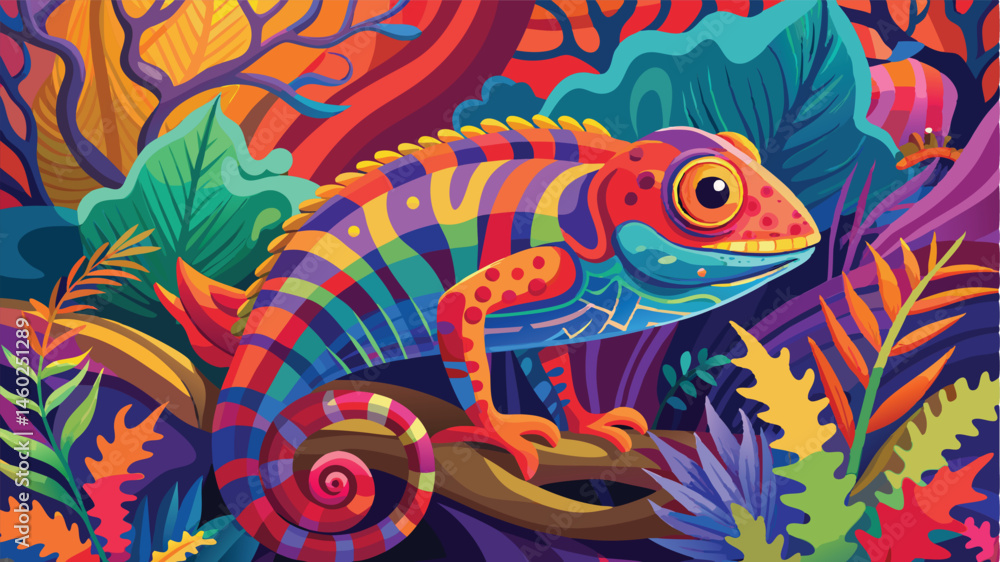 Poster colorful chameleon resting on a branch surrounded by vibrant tropical foliage in a whimsical vector 