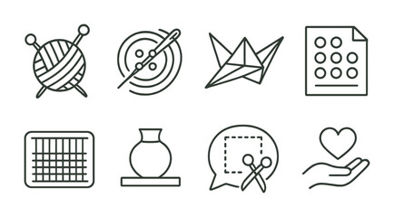 Line style icons of crafts and handmade art: knitting icon, sewing badge, origami tag, beadwork file, weaving board, clay art chart, fabric crafting bubble, handmade creation symbol.