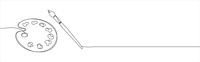 Palette and paint brush continuous one line drawing. Paintbrush symbol.