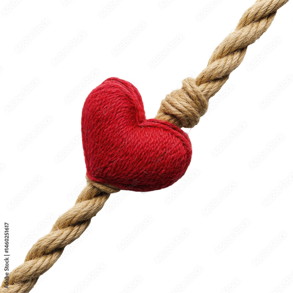 Poster rope tied in a knot with a red heart symbolizing love and connection on a transparent background, ro