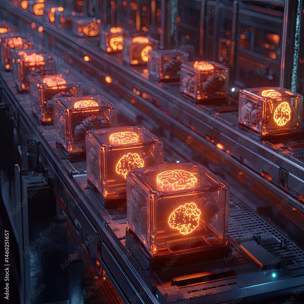 Aufkleber automated brain processing on a futuristic assembly line. glowing brains in transparent cubes move a