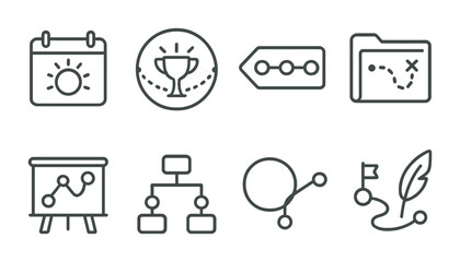 Fototapeta premium Line style icons of quest timelines: event icon, timeline badge, sequence tag, history file, story path board, event planning chart, plot progress bubble, narrative symbol.