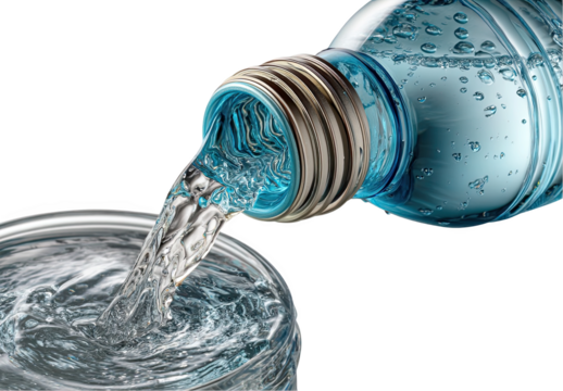 Pouring refreshing blue water from bottle into glass ice pure cool flow on transparent background
