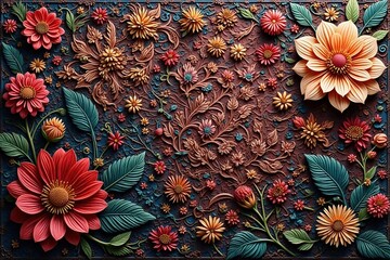 Intricate woven threads, floral motifs, rich texture, antique, pattern, floral