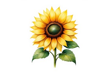 Obraz premium Vibrant yellow sunflower bloom with green leaves on white background. Watercolour illustration