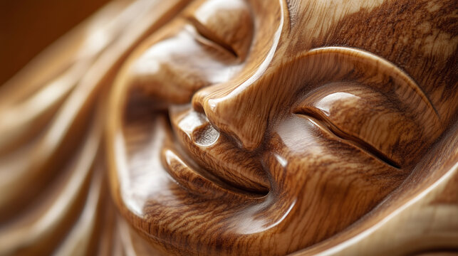 Macro shot of a wooden netsuke showing a laughing Buddha with polished smoothness.
