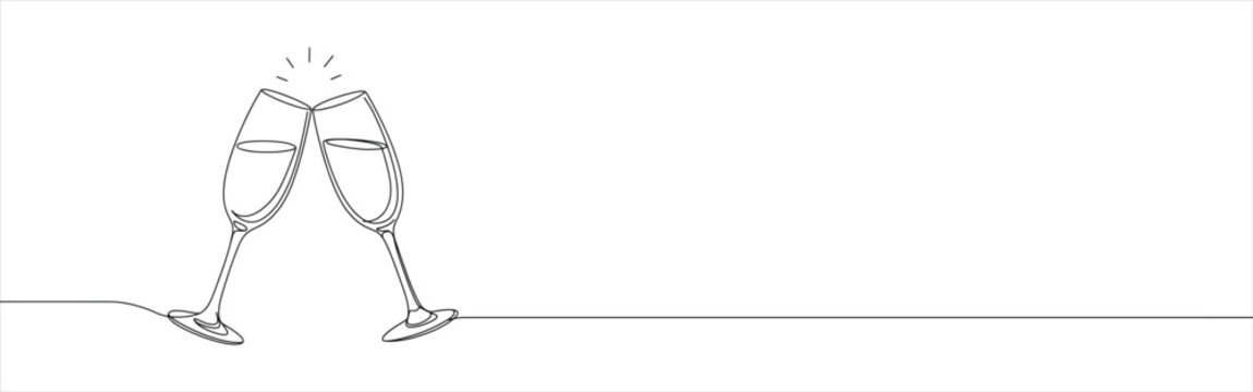 Two clinking champagne glasses continuous one line drawing. Design for party, anniversary celebration, new year festival.