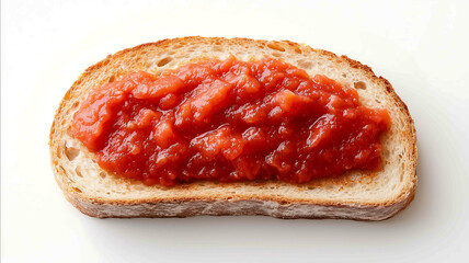 A topdown view of a single slice of goldenbrown toast on a white background A smooth layer of vibrant red tomato sauce is evenly spread across the surface creating a clean and visuall