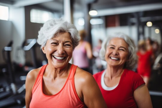 portrait of a 3 Active senior body positive diverse woman smiling in the gym together