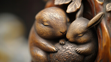 Fototapeta premium Close-up of a netsuke showing a pair of rabbits nestled together.