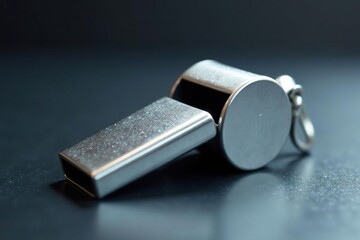 Silver metal whistle, polished surface, single object , alert, signal