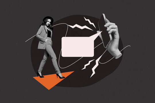 Trend poster collage of oerson stand near hand hold gadget with textbox on black background