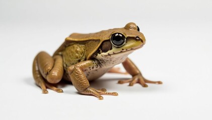 Single brown frog on pure white, textured skin visible, detail, studio shot, earthy