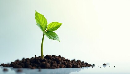 Single thriving sapling, reaching for light, against pure white , botanical, background