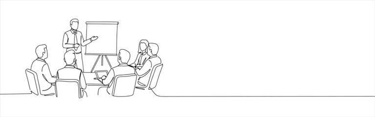 Businessman meeting and presentation continuous one line drawing. Work in office concept.