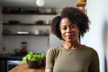 portrait of a african american middle age fitwoman standing infront of open fridge with healthy food with slightly messy modern apartment in the background in usa