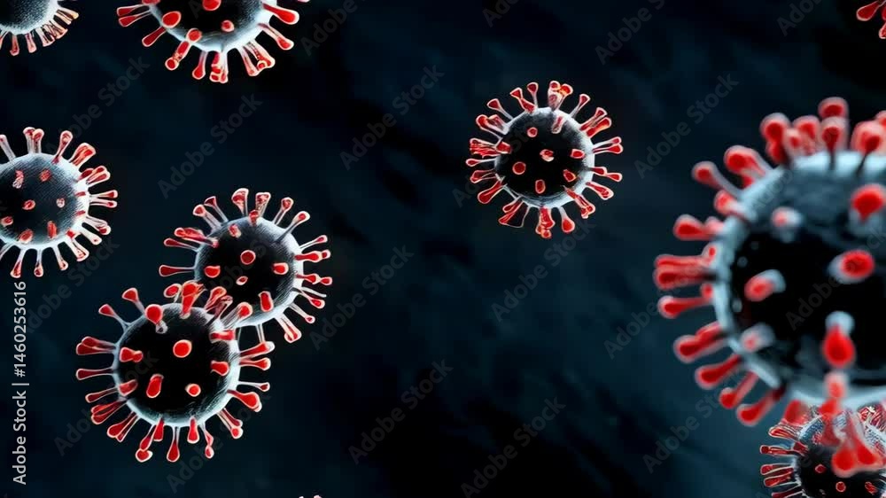 Poster microscopic view of spiky virus particles floating on a dark background, rendered with visual effect