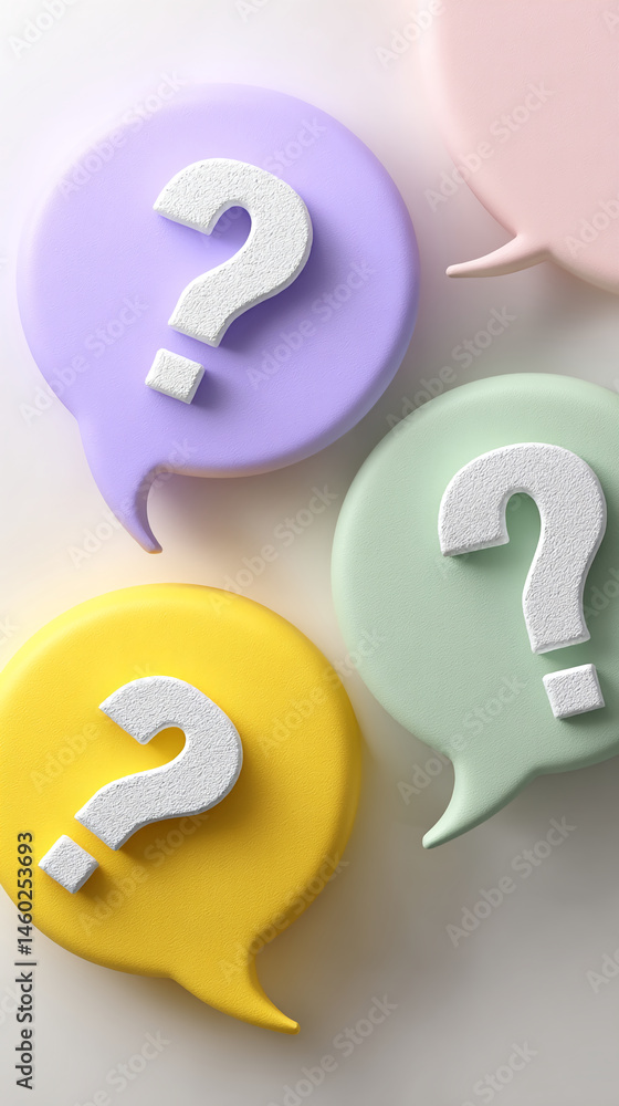 Poster pastel speech bubbles with white question marks, showcasing a concept of inquiry, questions, and faq