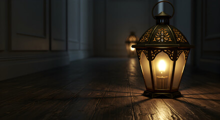 Glowing Vintage Lantern Illuminates Dark Hallway Creating Atmospheric Scene