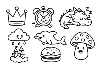 Line style icons of cartoons: cartoon crown, running clock, sleepy dragon, animated raincloud, floating castle, cartoon dolphin, happy hamburger, talking mushroom.