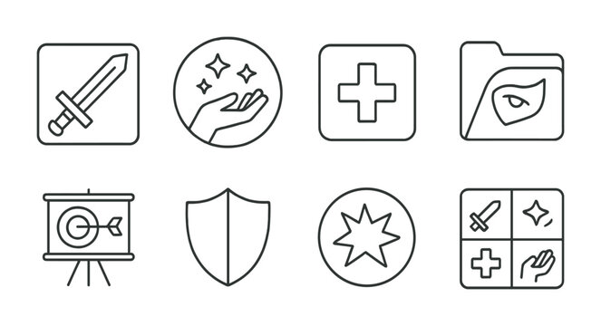 Line style icons of character skills: combat skill icon, magic ability badge, healing power tag, stealth skill file, ranged attack board, defense chart, special power bubble, character abilities