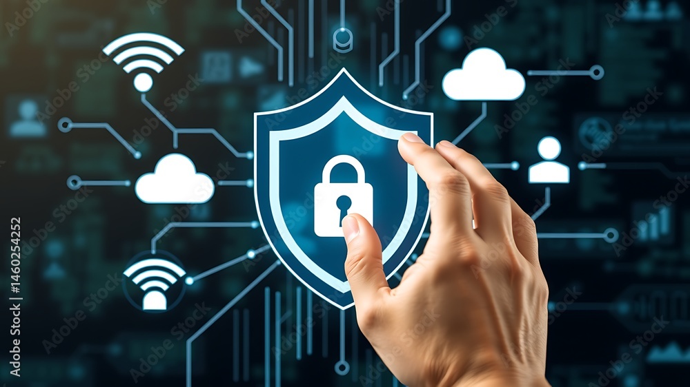 Aufkleber hand touching digital shield with lock and connecting icons representing cybersecurity and data prot