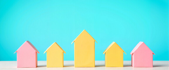 Fototapeta premium Colorful paper houses on blue background with copy space 
