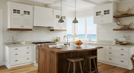 Bright Kitchen Interior With Wood Island And Ocean View Home Decor