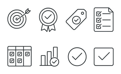 Line style icons of quest objectives: goal icon, task completion badge, quest mission tag, to-do list file, task board, checklist chart, completion bubble, task symbol.