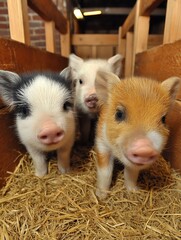 Three small animals stand in straw inside a wood structure.