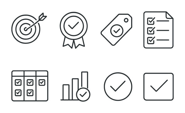 Line style icons of quest objectives: goal icon, task completion badge, quest mission tag, to-do list file, task board, checklist chart, completion bubble, task symbol.