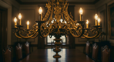 Ornate Chandelier Illuminating An Elegant Dining Room Interior With Vintage Ambiance