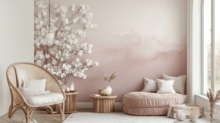 Soft, pink ombre wall decorates a cozy living space.