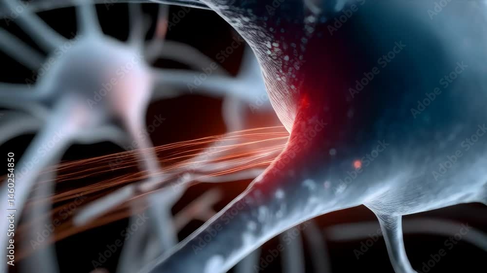 Aufkleber rendering showcases a neuron with intricate connections, signaling network with glowing electrical a