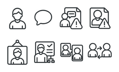 Fototapeta na wymiar Line style icons of NPC interactions: NPC icon, dialogue badge, conversation tag, quest giver file, NPC shop board, helper chart, trade interaction bubble, character exchange symbol.