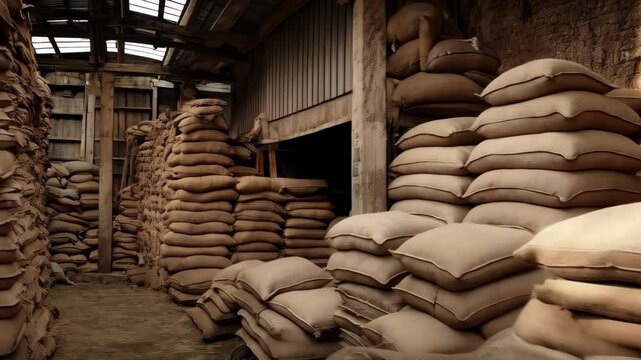 Stacked burlap sacks fill an old warehouse, creating an industrial storage scene with textured material and brown tones