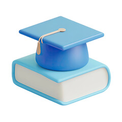 Blue graduation cap resting on a light blue book icon 3d cute study white on transparent background