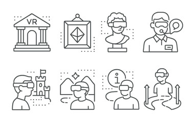 Line style icons of metaverse: metaverse museum, NFT art frame, digital sculpture, avatar tour guide, historic simulation, immersive exhibit, info hotspot, 3D walkthrough path.
