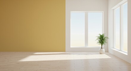 Modern interior with yellow wall, large windows, and potted plant