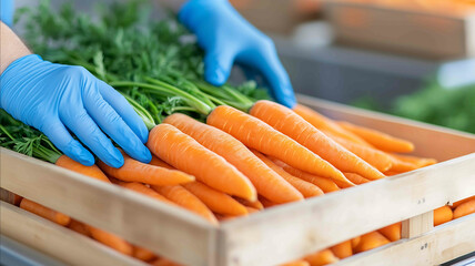 worker wearing blue gloves sorting fresh carrot in a food processing facility It emphasizes hygiene food safety and careful handling of produce space for text