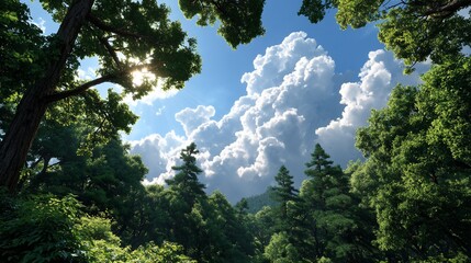 Obraz premium Forest canopy frames vast cumulus sky
