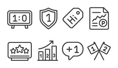 Line style icons of game scores: score icon, leaderboard badge, high score tag, performance points file, achievement board, ranking chart, score update bubble, competitive scoring symbol.