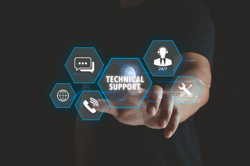 Person hand touch technical support and IT solutions with digital interface technology, business customer service, troubleshooting, network management, software, hardware assistance, remote support.