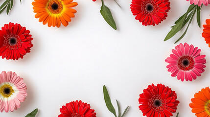 Colorful gerbera daisies and green leaves form a decorative floral frame on a clean white background today.