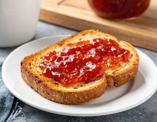 Close-up of toasted bread with strawberry jam on white plate