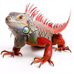 Obraz premium A vibrant red iguana displays its unique patterned skin and spiky against a clean white background image.